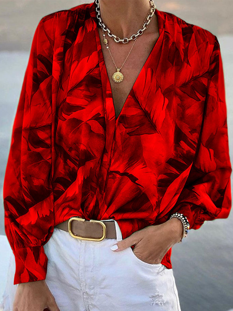 V Neck Long Sleeve Floral Blouse Shirt Plus Size