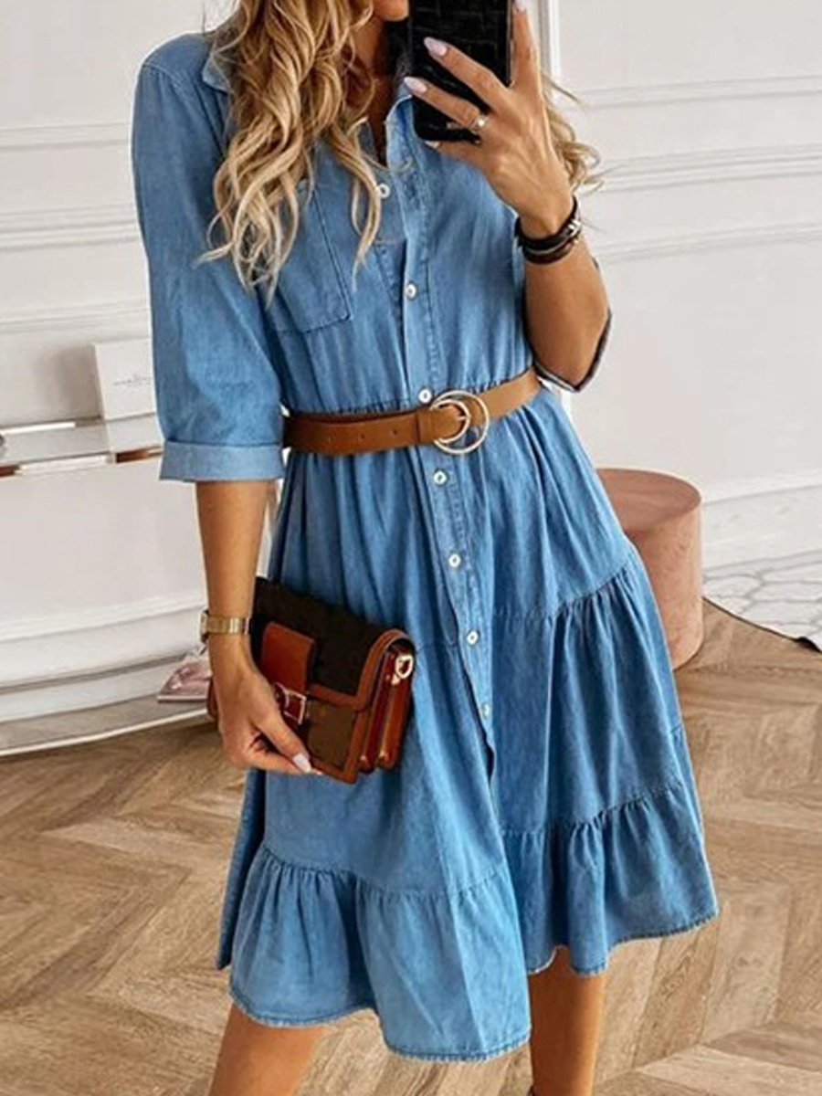 Casual Denim Solid Color Lapel Three Quarter Sleeves Midi Dress