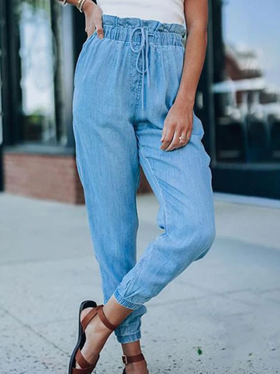 Solid Elastic Waist Pocket Loose Tapered Pants