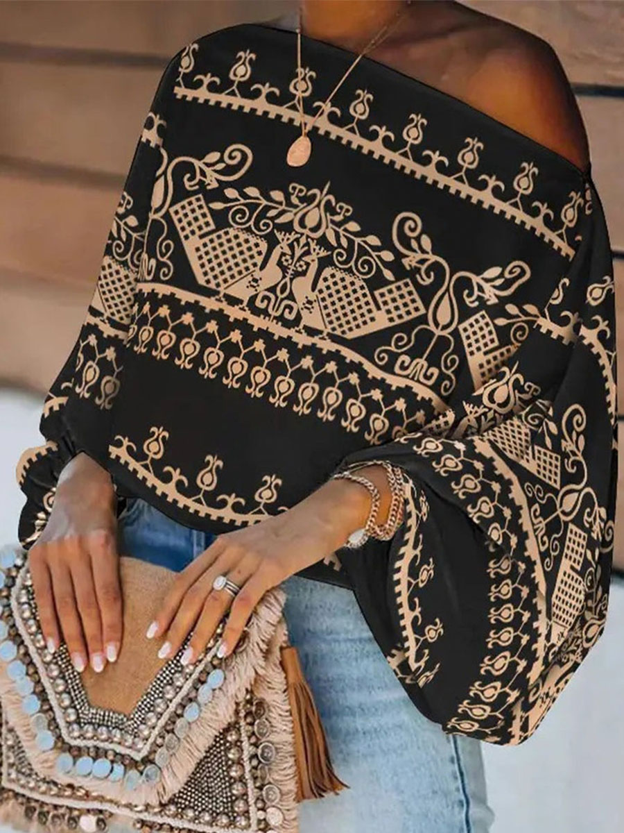 Casual V Neck Long Sleeve Vintage Print Blouse