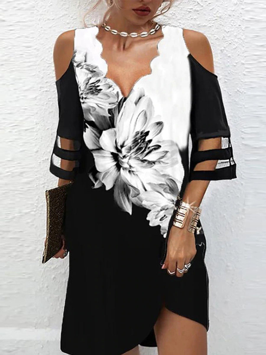 Sheer Cold Shoulder Golden Dot Mini Dress
