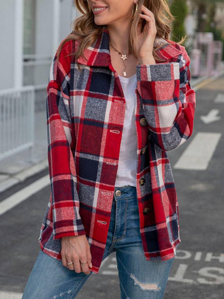 Long Sleeve Lapel Loose Fit Women's Plaid Shirt Mid Length Coat