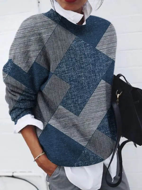 Round Neck Casual Loose Sweater Geometric Print Pullover - Viewbena.com 