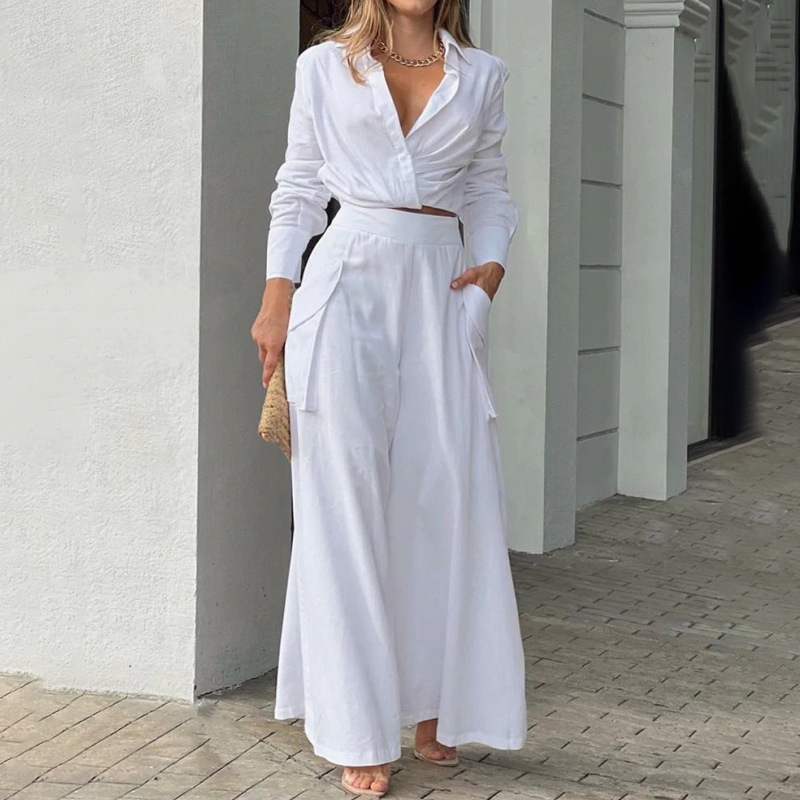 Ladies Elegant Casual Solid Color Long Sleeve Shirt Wide Leg Pants Set