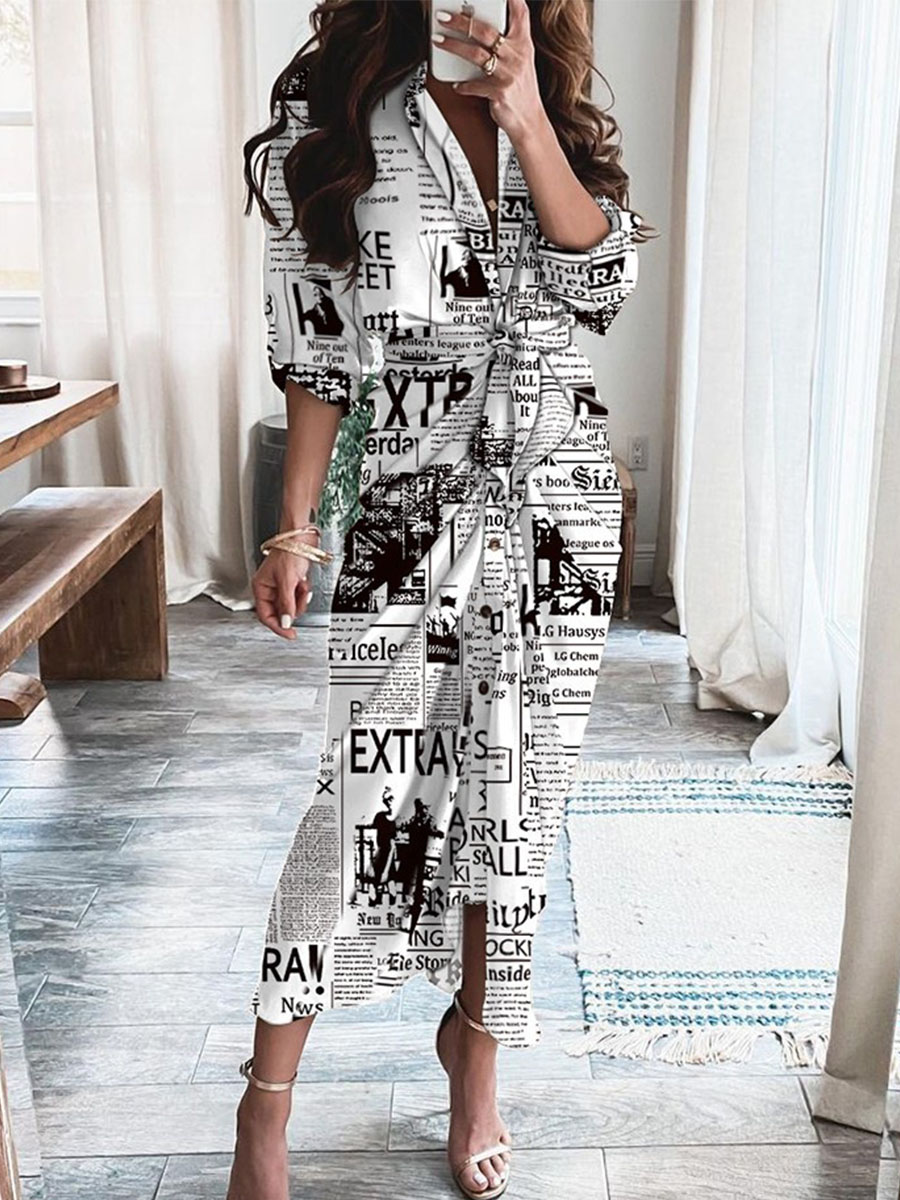 Casual Fashion Letter Print Long Sleeves Pocket Dress