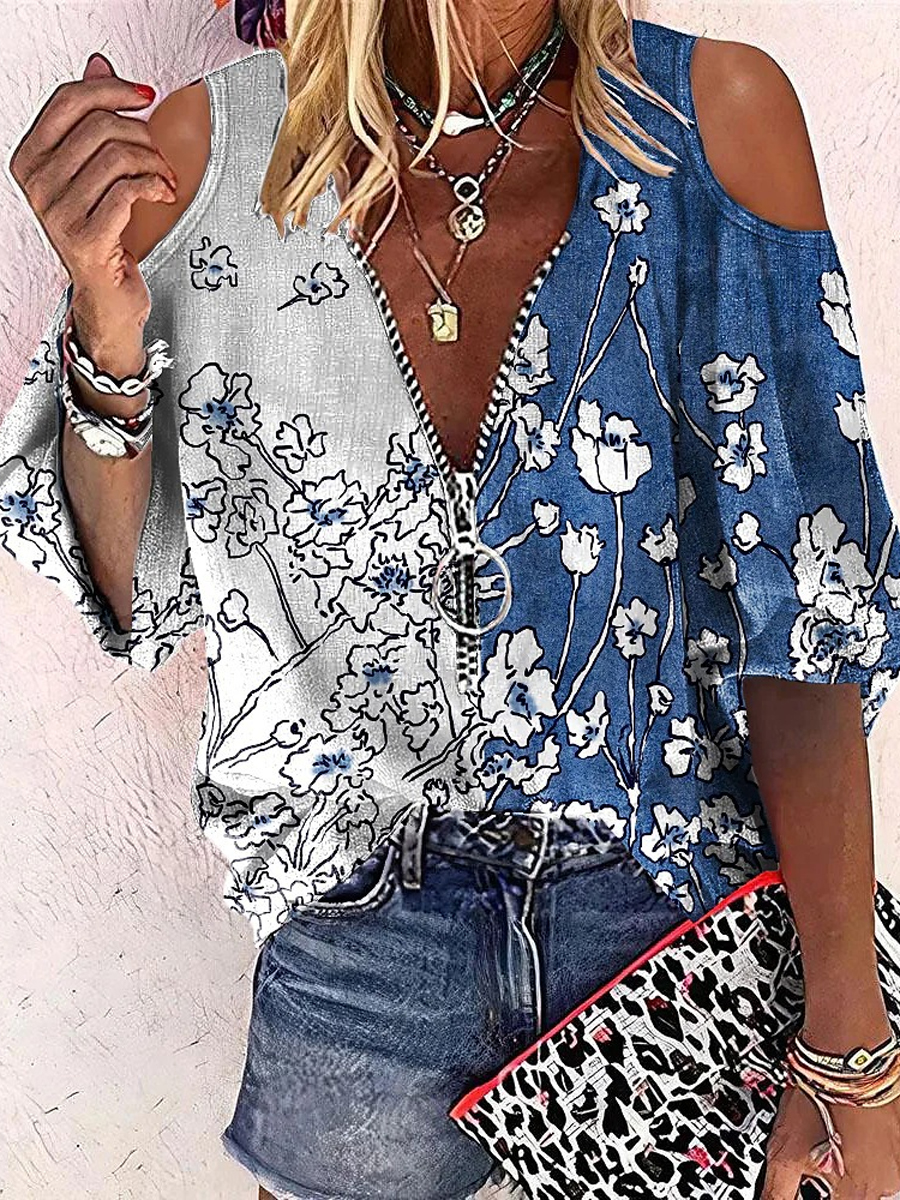 Casual Off Shoulder Loose Print Zip V Neck Long Sleeve Blouse