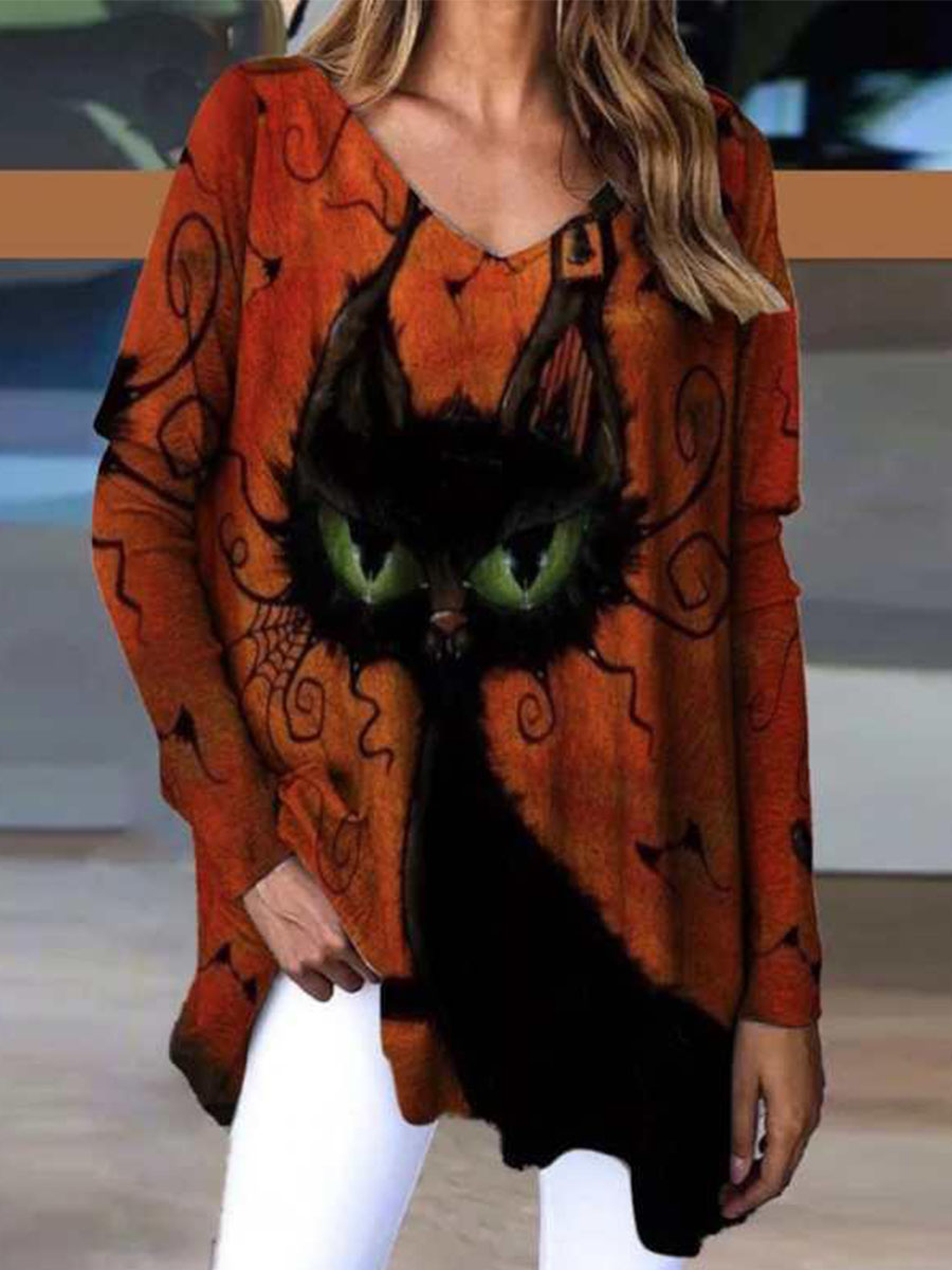 V Neck Casual Loose Cat Print Long Sleeve T shirt