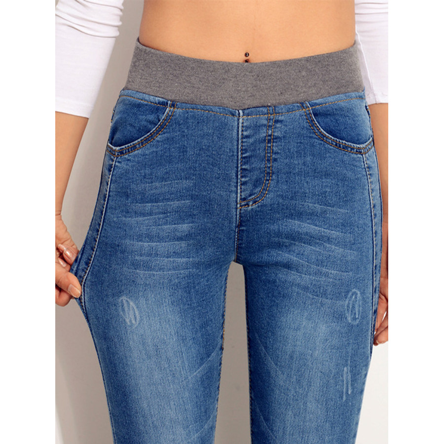 

Leggings Elasticizzati A Vita Alta In Denim Casual Tinta Unita