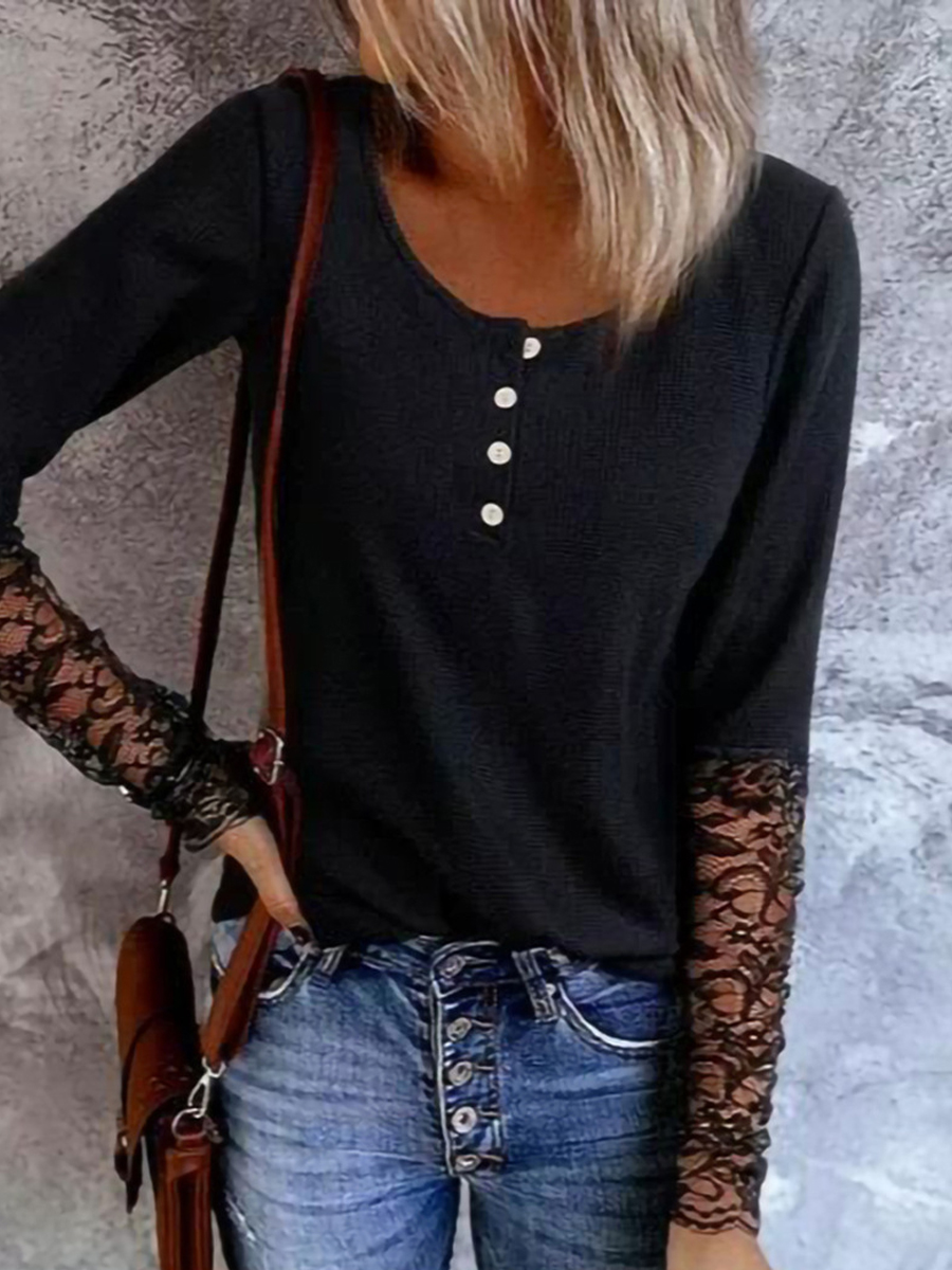 Casual Solid Color Crew Neck Patchwork Lace Long Sleeve T Shirt