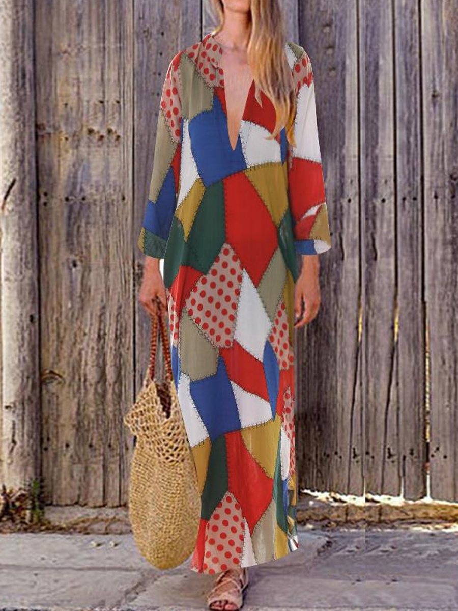 Casual Colorblock V Neck Long Sleeve Maxi Dress