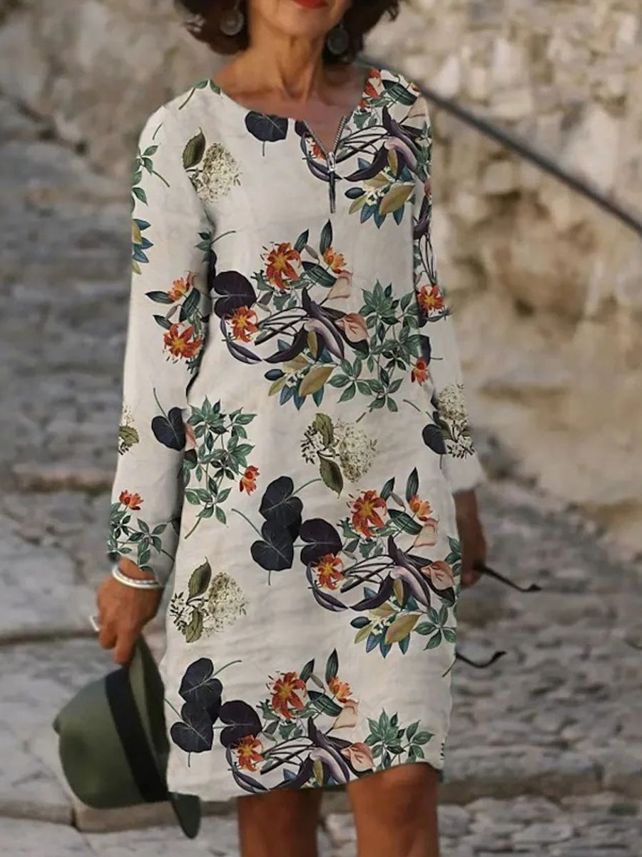 Round Neck Zip Casual Loose Floral Print Long Sleeve Short Dress