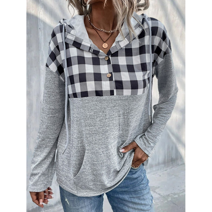 

Casual Check Panel Hooded Long Sleeve Sweatshirt