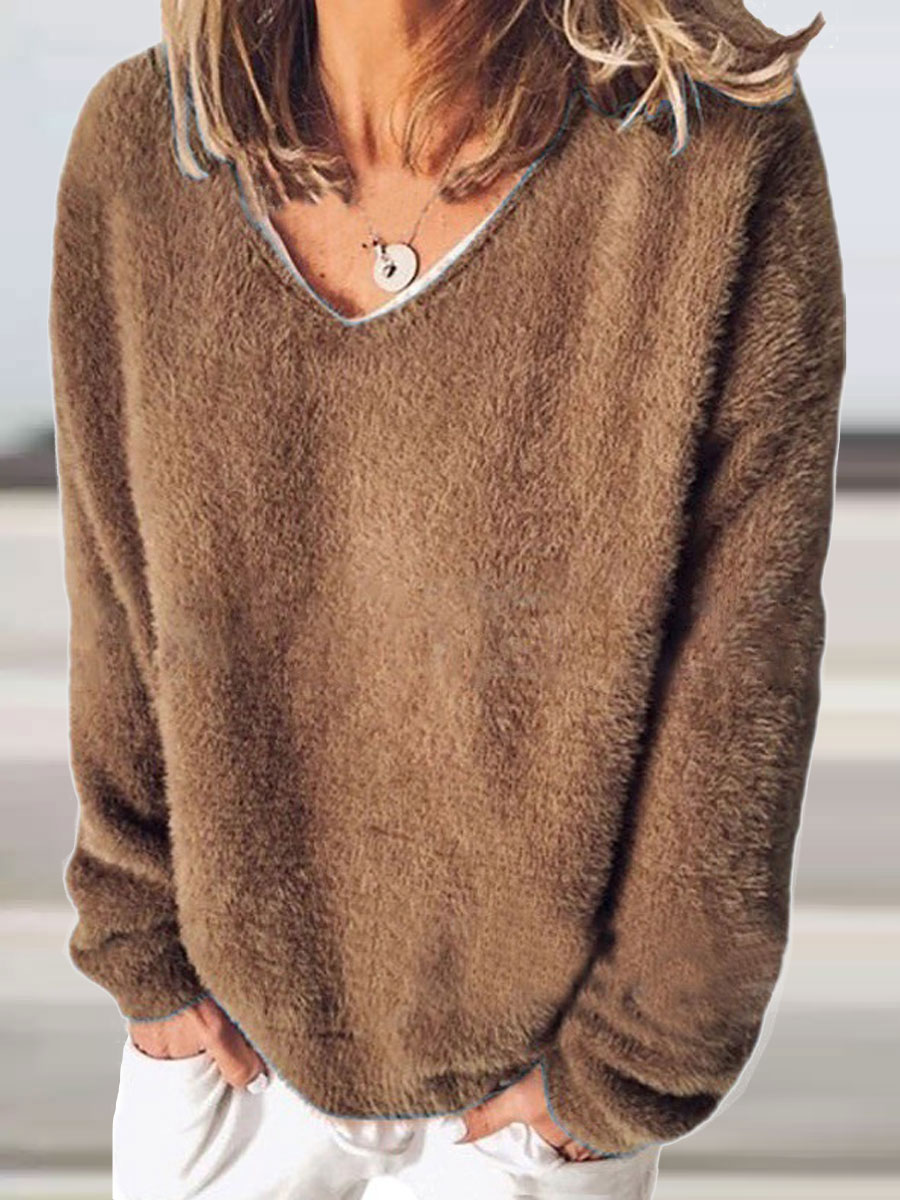 V neck Casual Loose Sweater Solid Color Solid Color Pullover