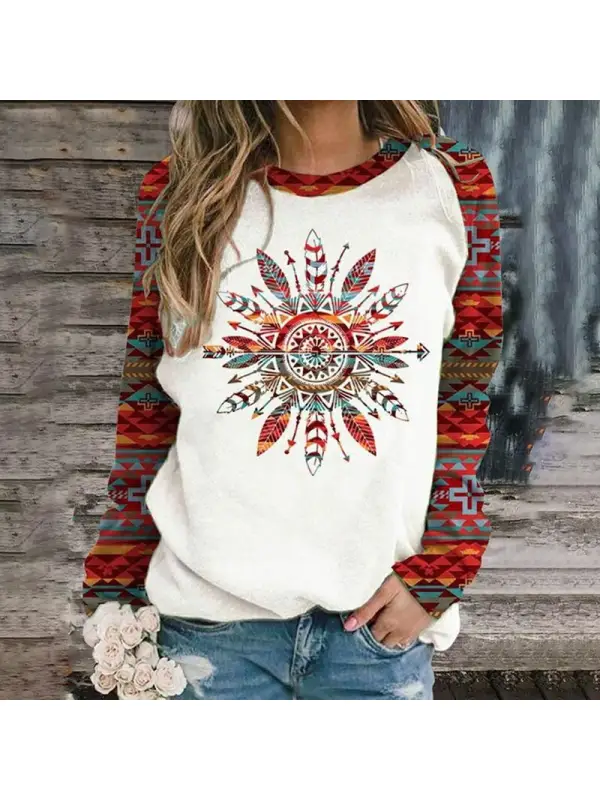 Ladies Vintage Western Indian Ethnic Print Sweatshirt - Minicousa.com 