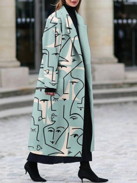 Ladies Elegant Fashion Abstract Line Element Print Coat Coat