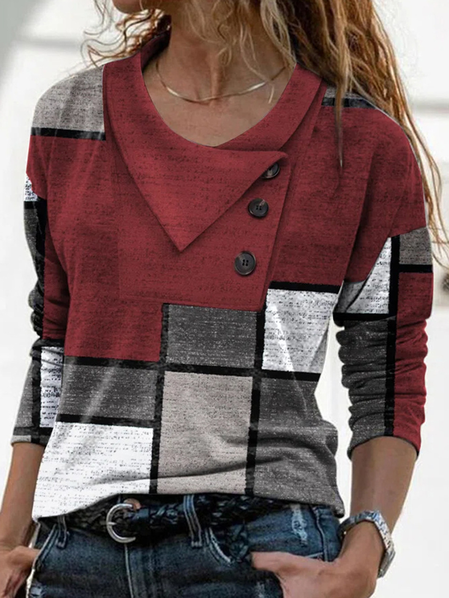 Casual Geometric Print Button Long Sleeve T Shirt