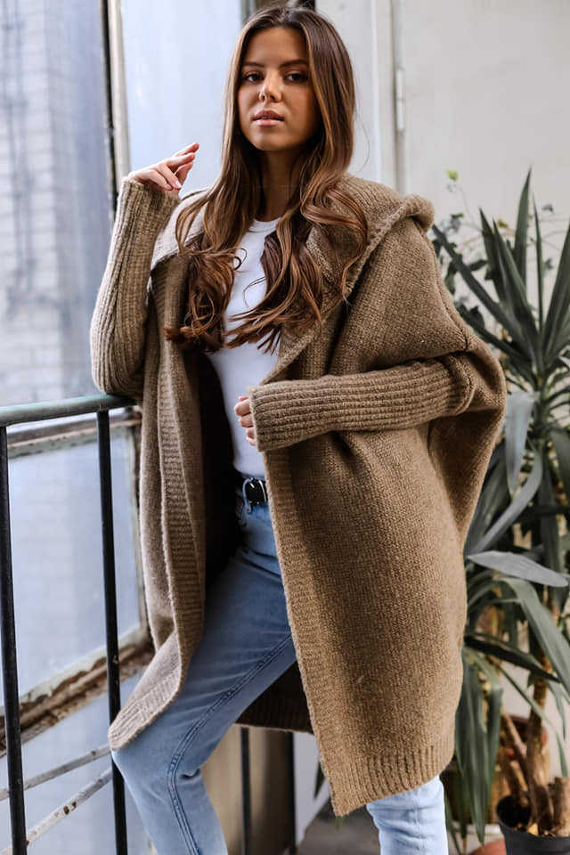 Hooded Long sleeved Solid Color Woolen Coat