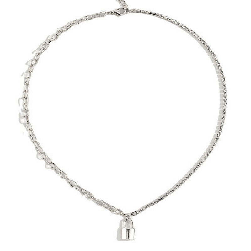 Rhinestone Asymmetric Lock Pendant Necklace