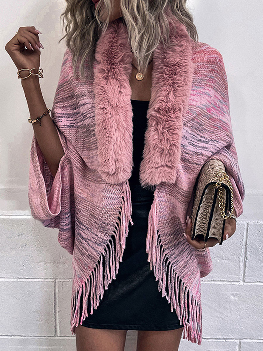 Casual Loose Knit Fur Collar Shawl Coat