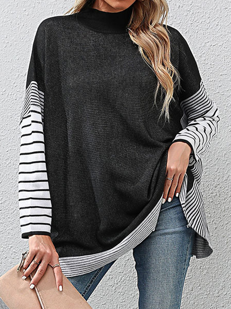 Casual Loose Striped Panel Turtleneck Long Sleeve Sweater