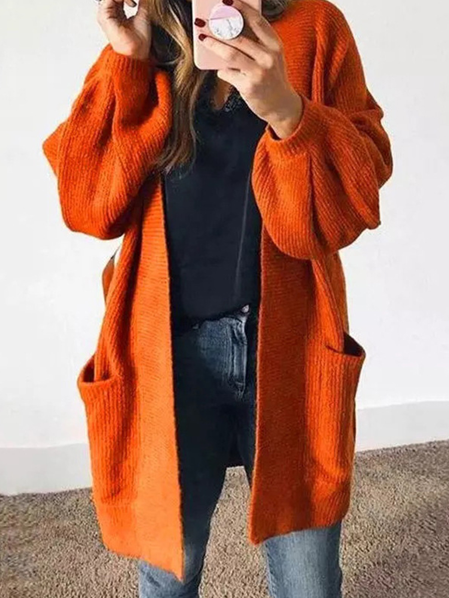 Casual Solid Color Pocket Long Sleeve Sweater Cardigan