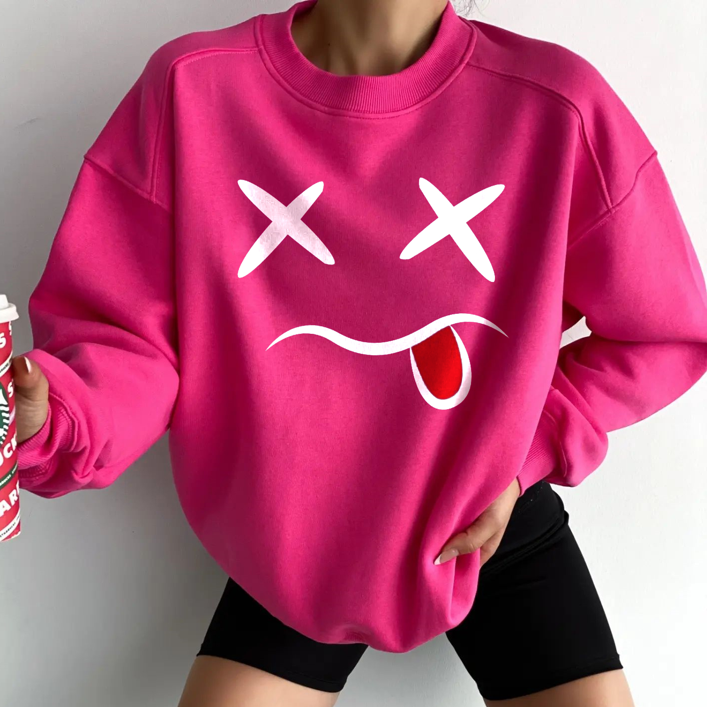 Smiley Print Casual Oversized Sweatshirt