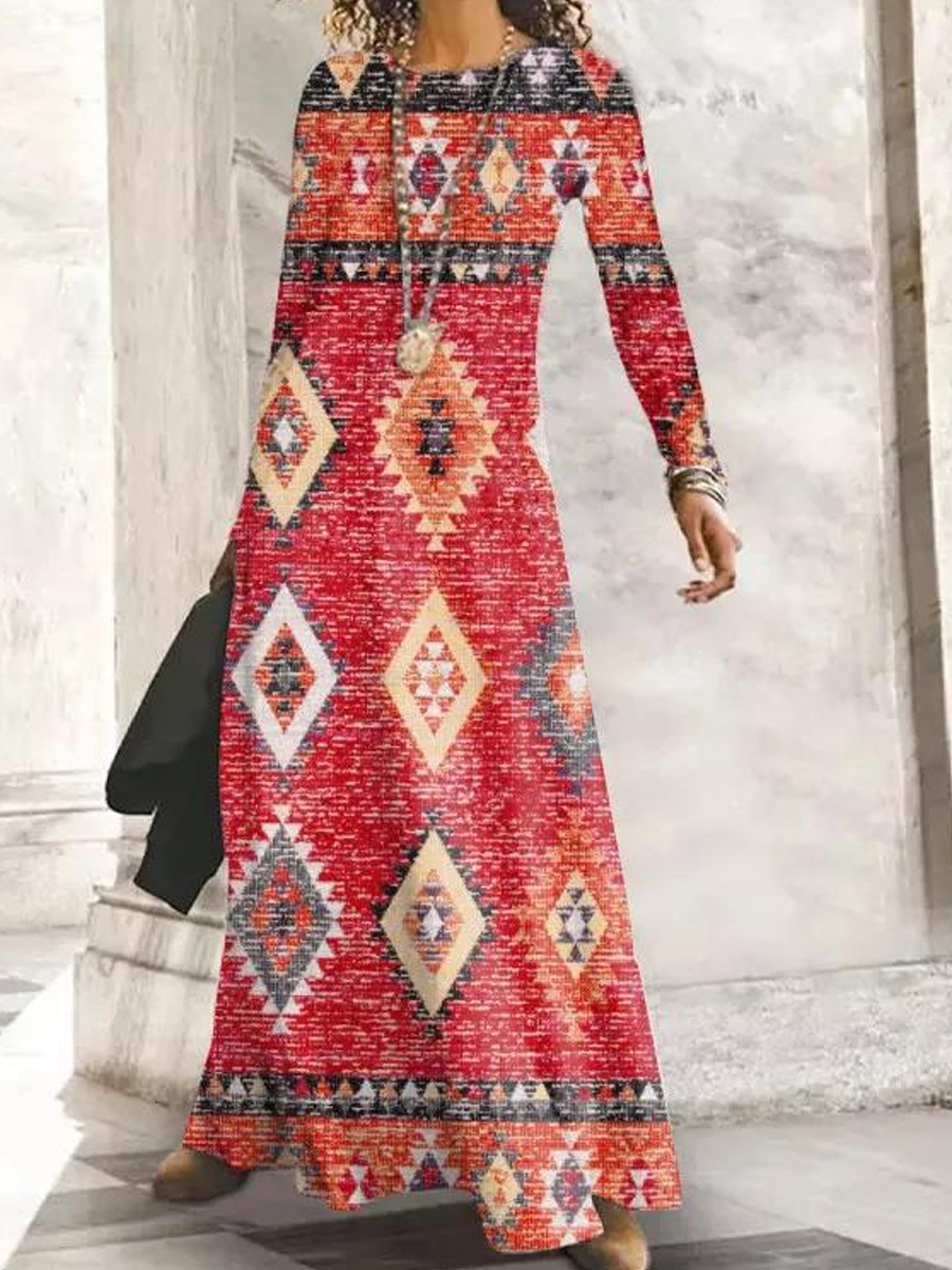 Casual Vintage Print Crew Neck Long Sleeve Party Maxi Dress