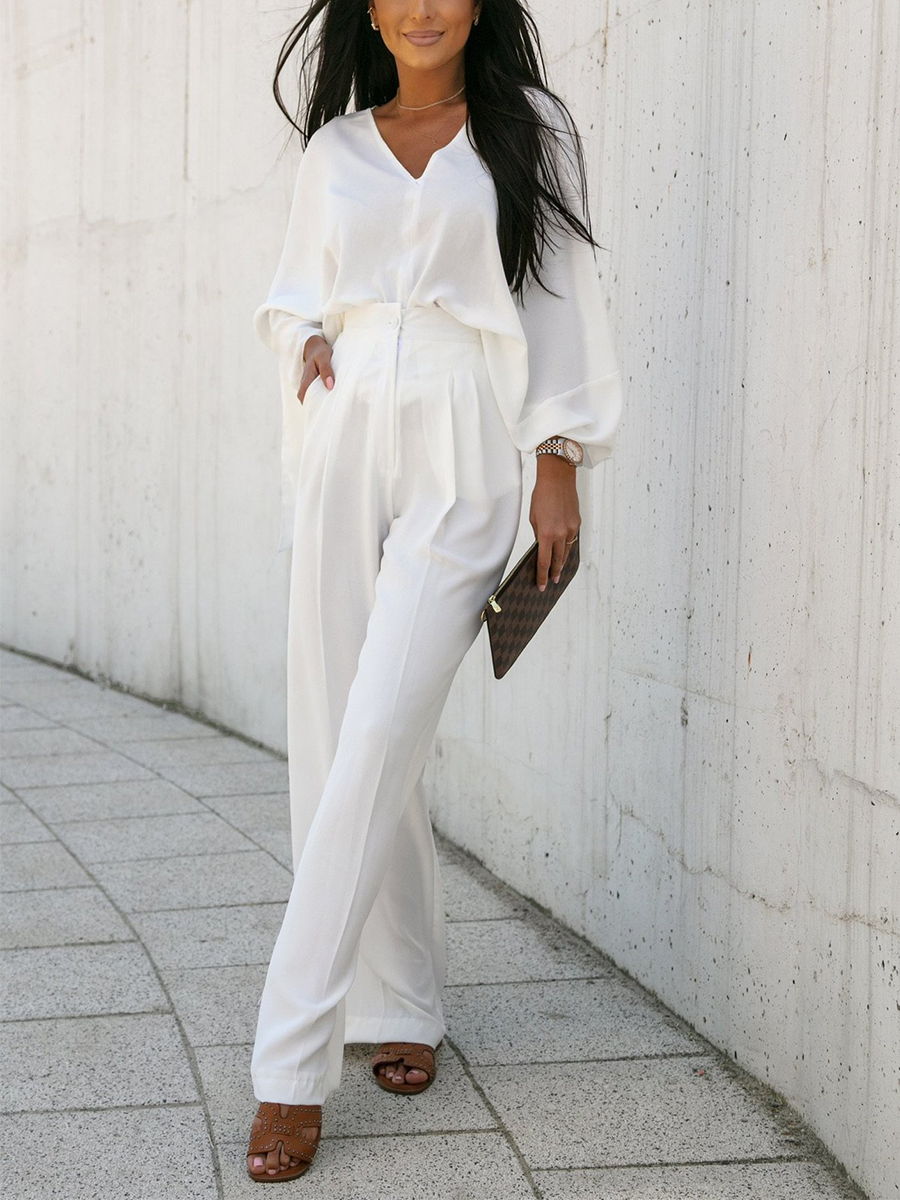 Ladies Elegant Fashion Casual V Neck Long Sleeve Bat Shirt Tie High Waist Wide Leg Pants Two Piece Suit