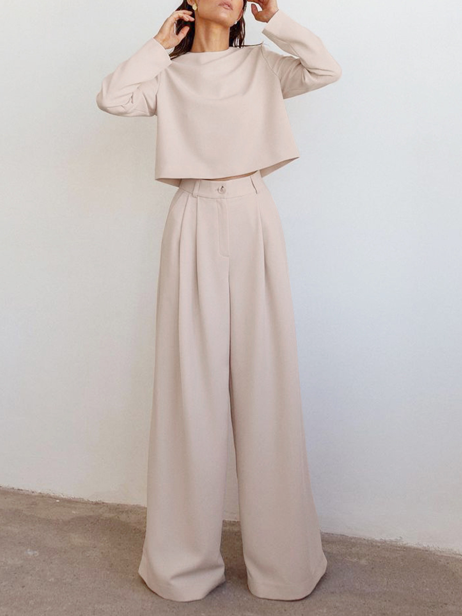 Ladies Elegant Fashion New Round Neck Shirt Thin Wide Leg Pants Casual Suit