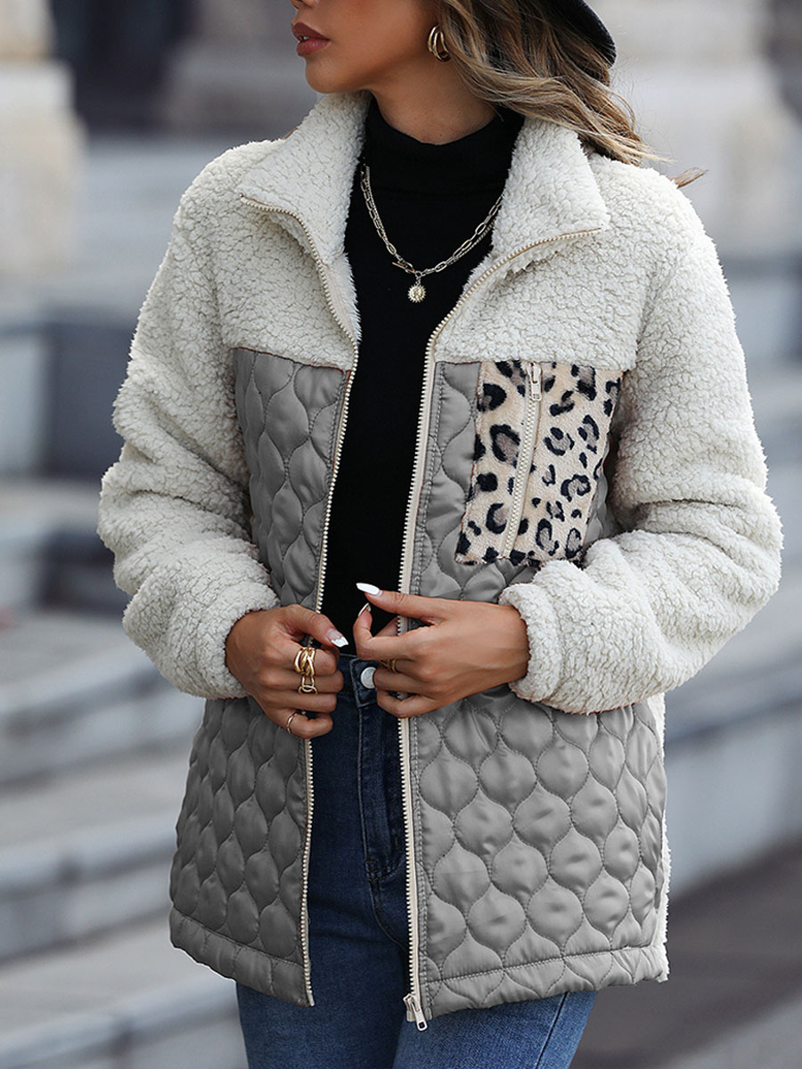 Casual Plush Long Sleeve Loose Round Neck Panel Zip Animal Print Double Sided Fleece Jacket