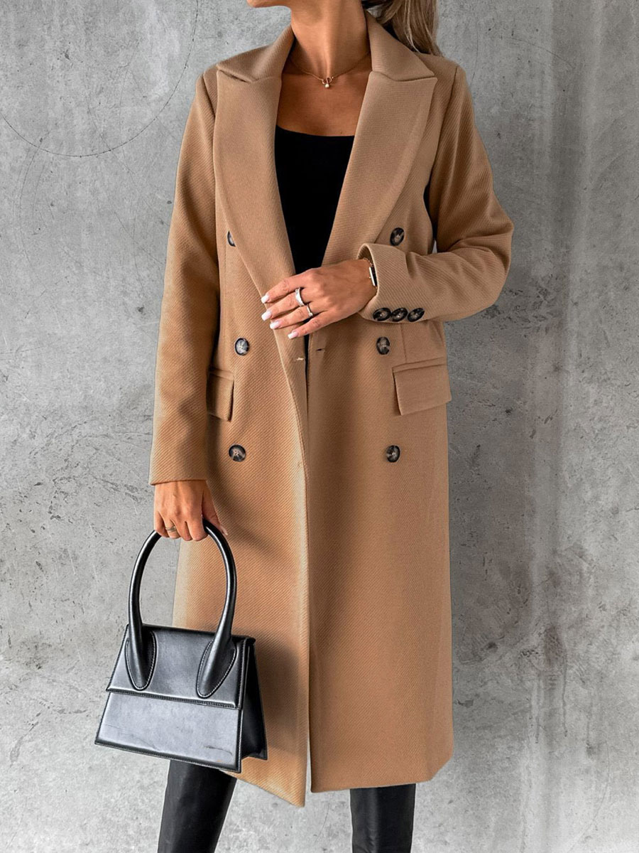 Casual Loose Solid Color Double breasted Woolen Coat