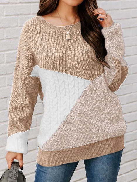 Casual Crew Neck Colorblock Loose Long Sleeve Sweater
