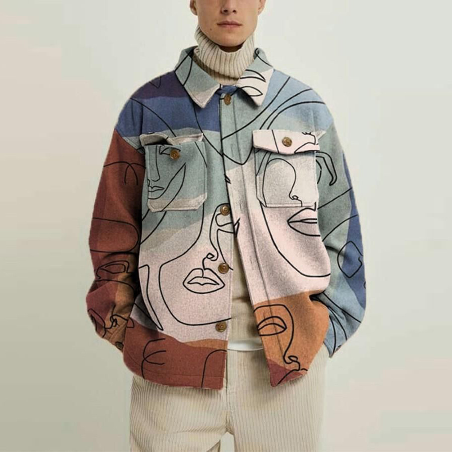Mens Retro Fashion Printed Woolen Jacket