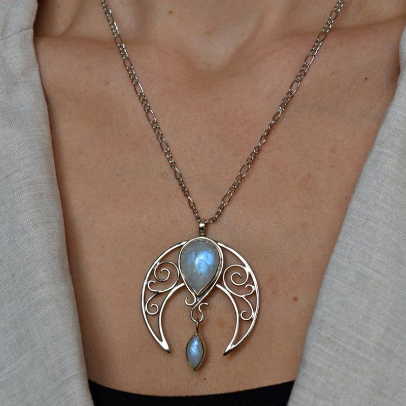 Moonstone Vintage Spiral Cutout Moon Necklace