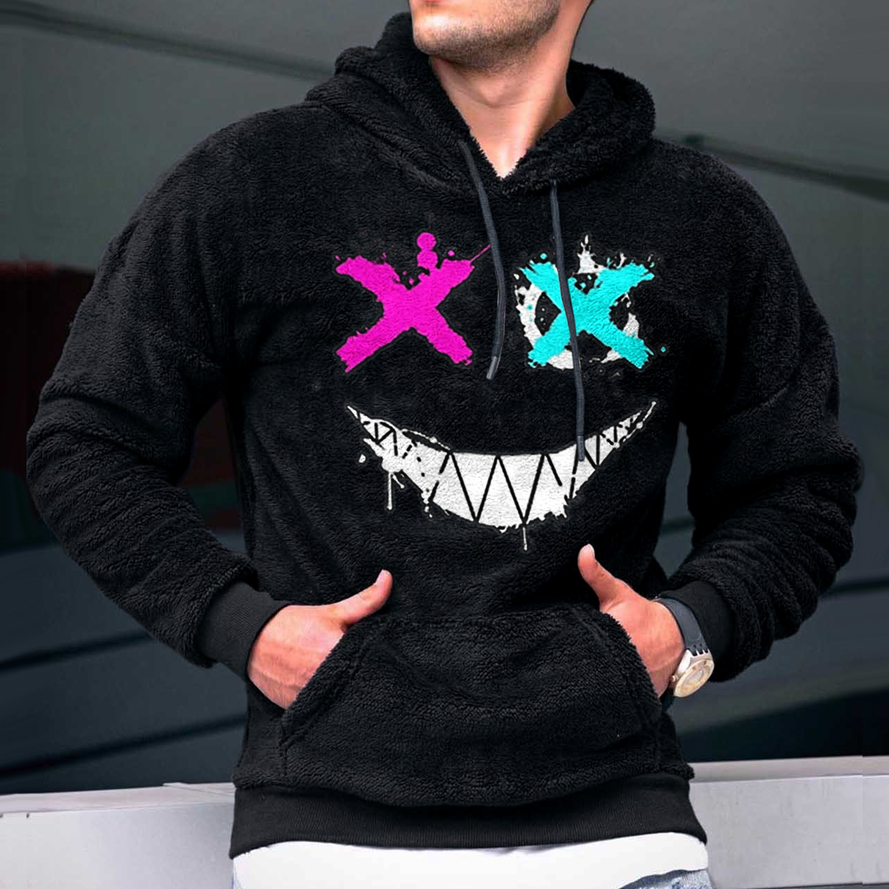 Smiley Embroidered Lamb Velvet Hooded Sweatshirt