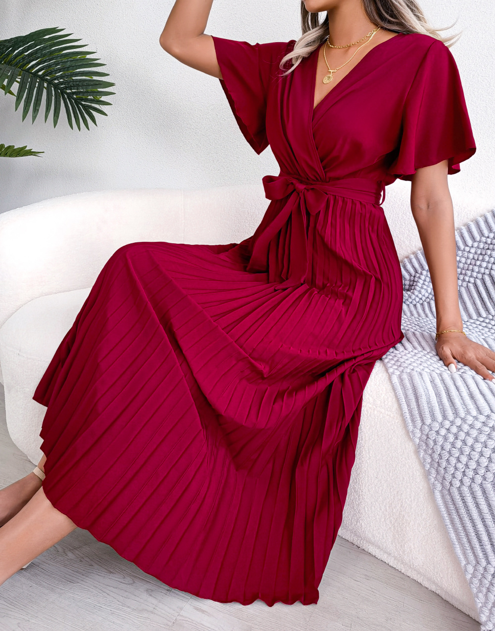 Ladies Elegant Fashion Crossover V neck Large Swing Pleated Long Dress