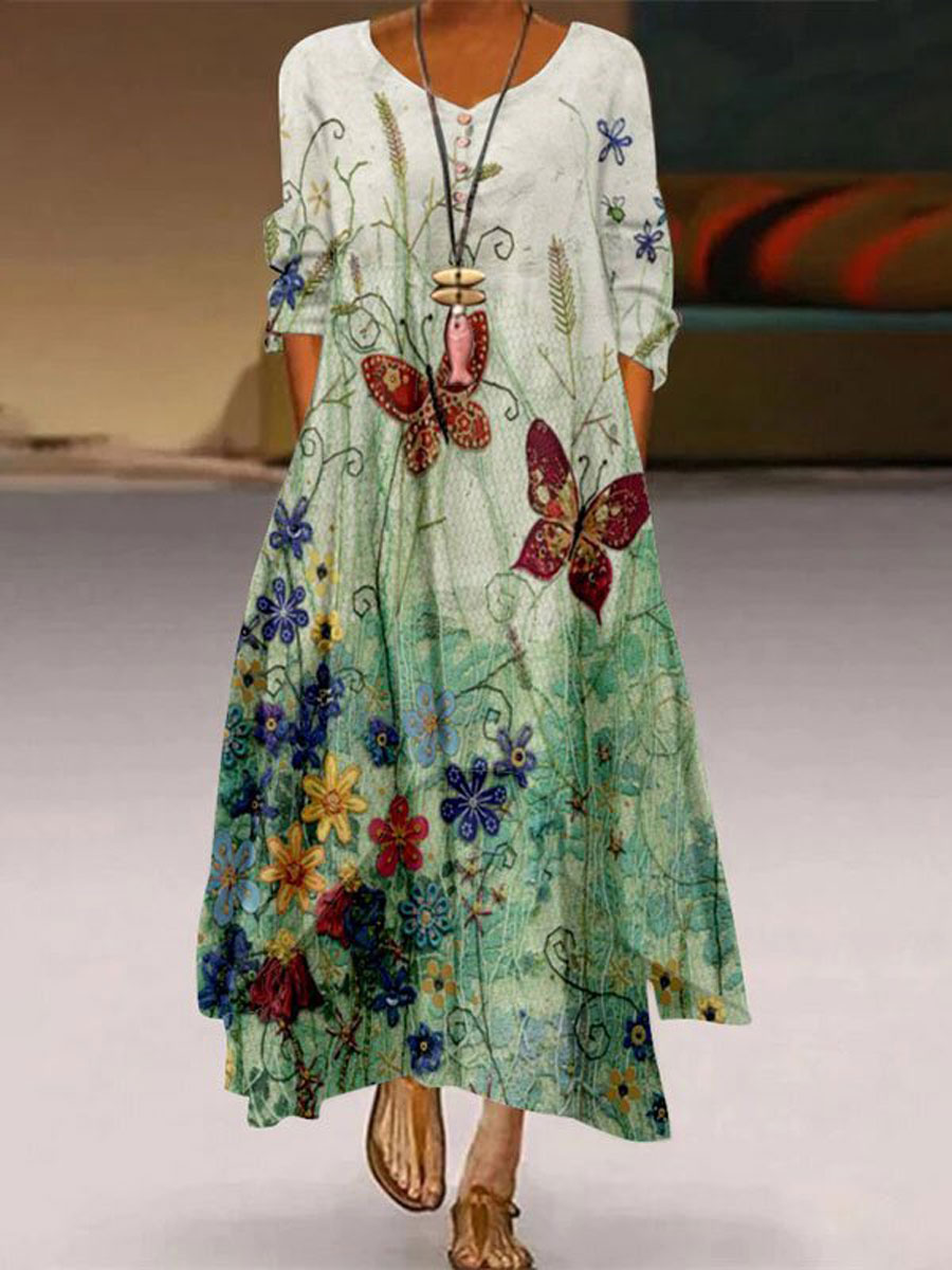 Round Neck Casual Loose Chic Floral Print Long Sleeve Maxi Dress