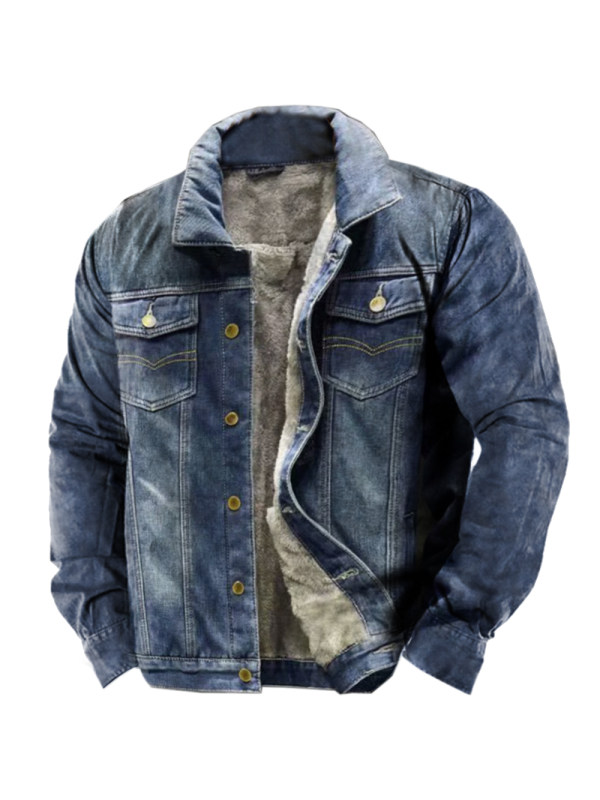 Men's Outdoor Vintage Denim Fleece Cargo Jacket