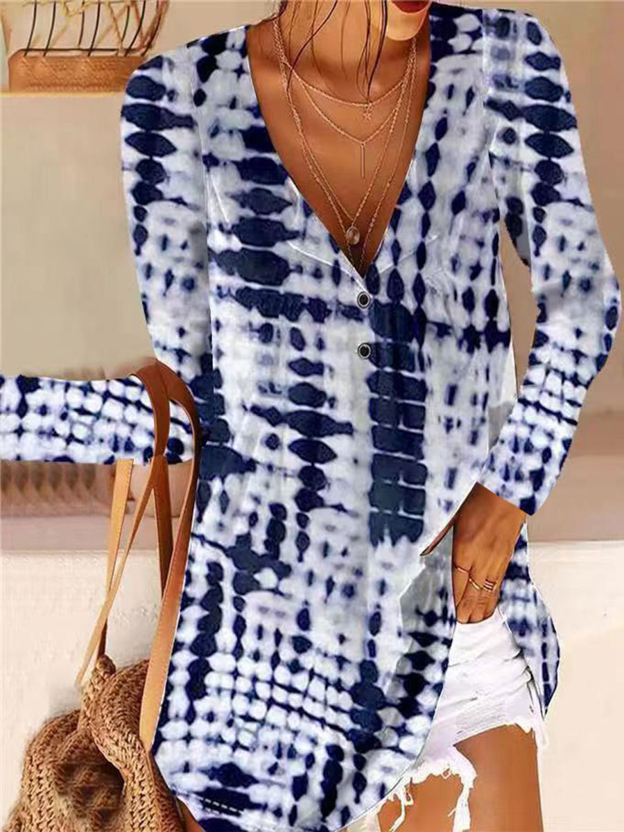Printed V neck Button down Long sleeved T shirt