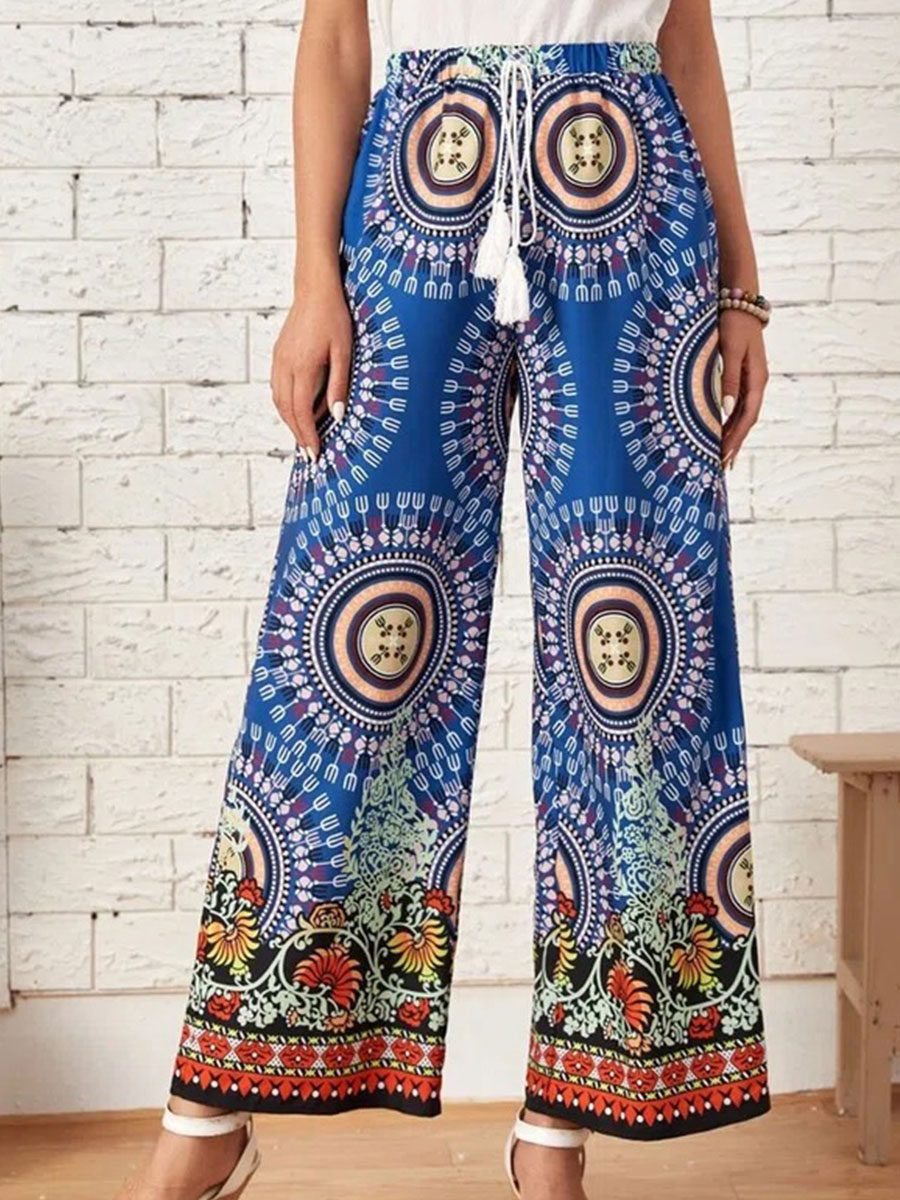 Bohemian Ethnic Print Belted Wide leg Trousers