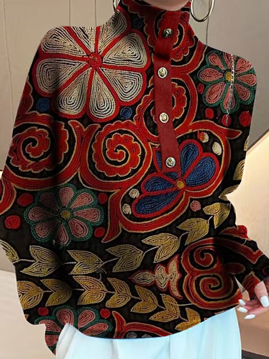 Casual Loose Printed Turtleneck Sweatshirt