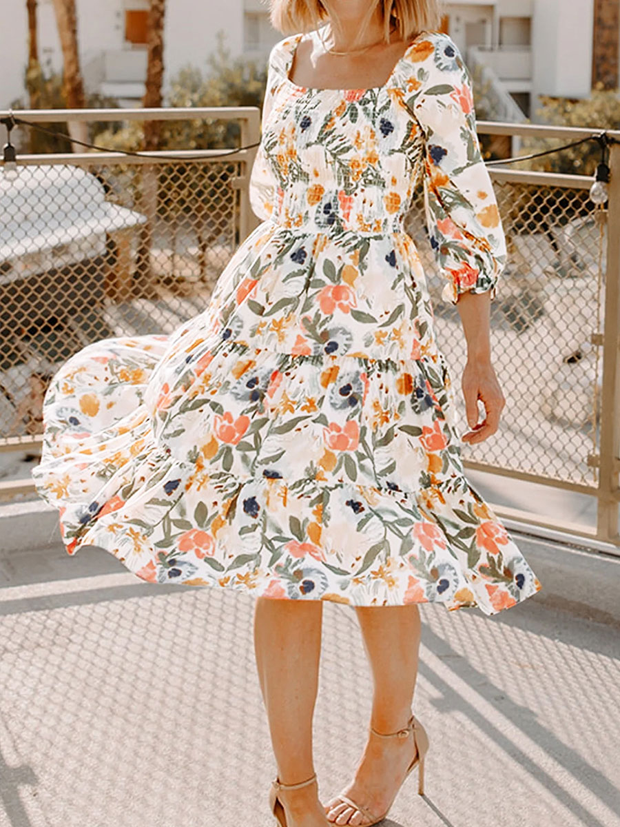 Fashionable Ruffle Trim Lantern Sleeve Elegant Floral Dress