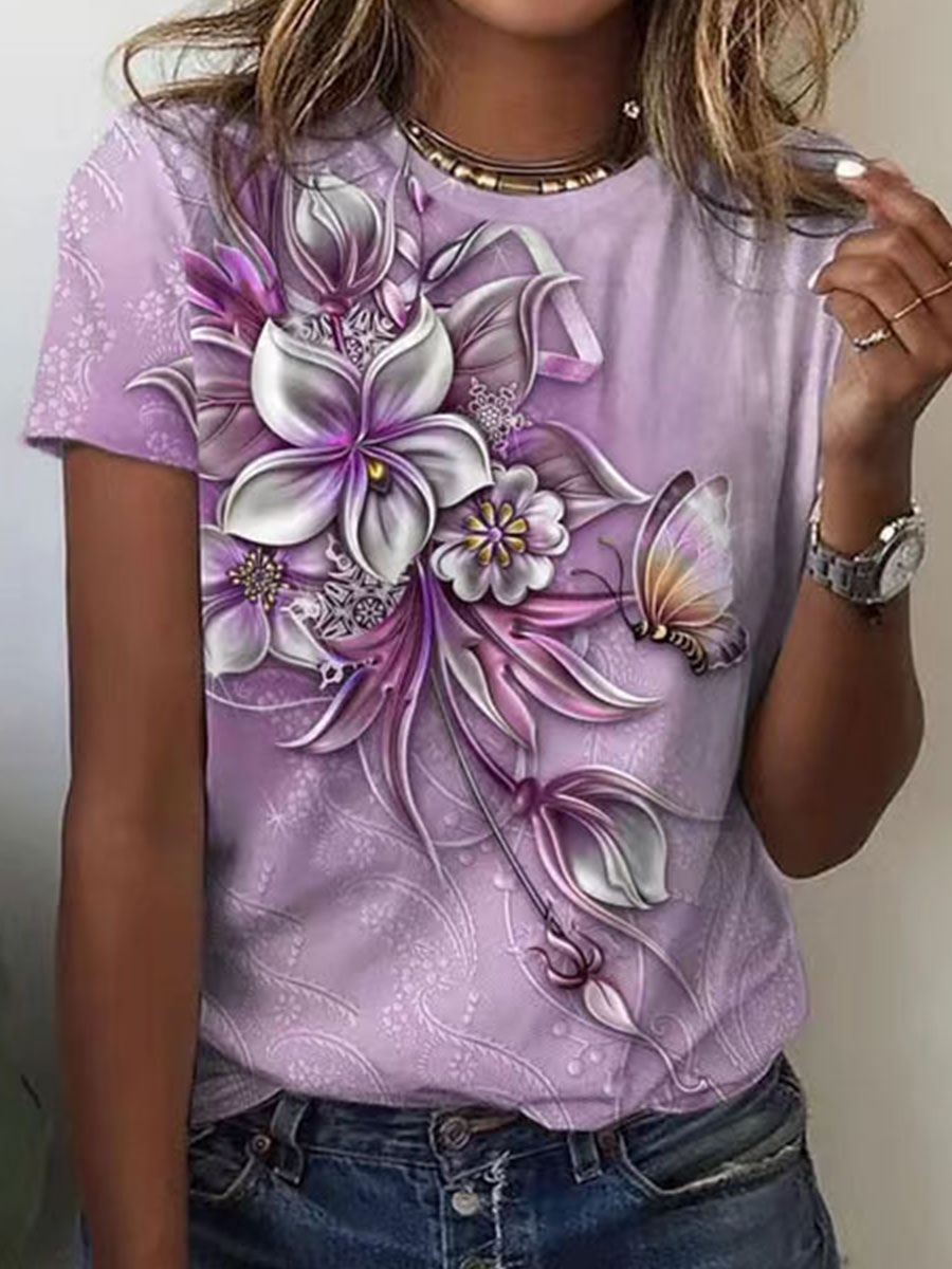 Round Neck Printed Slim Waist Short sleeved T shirt