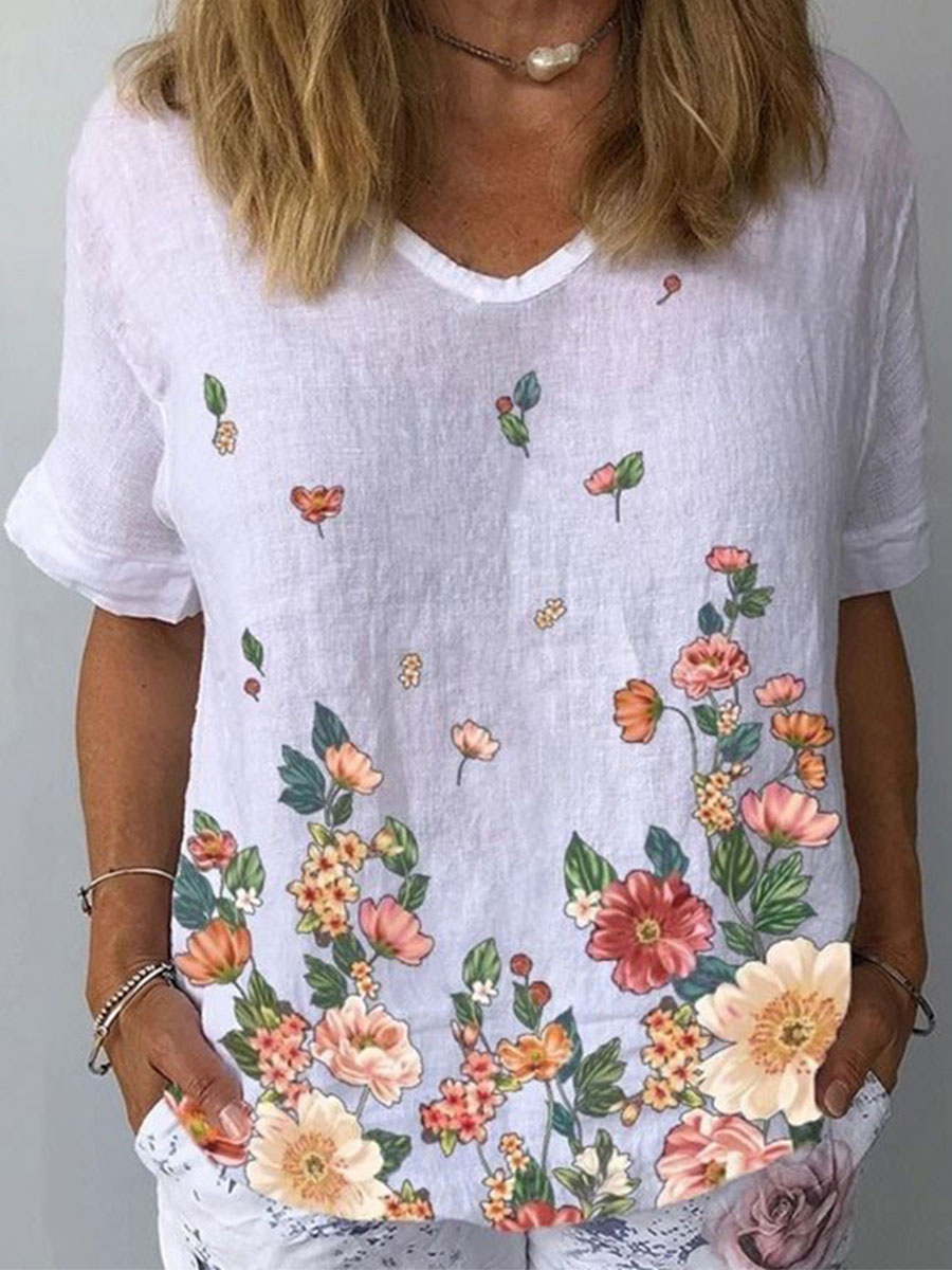 Floral Print V neck Casual Pullover Short sleeved T shirt