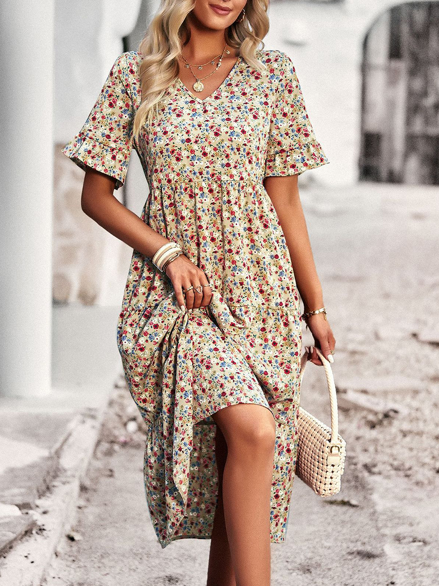 Women Casual Printed V Neck Short Sleeves Midi Dress