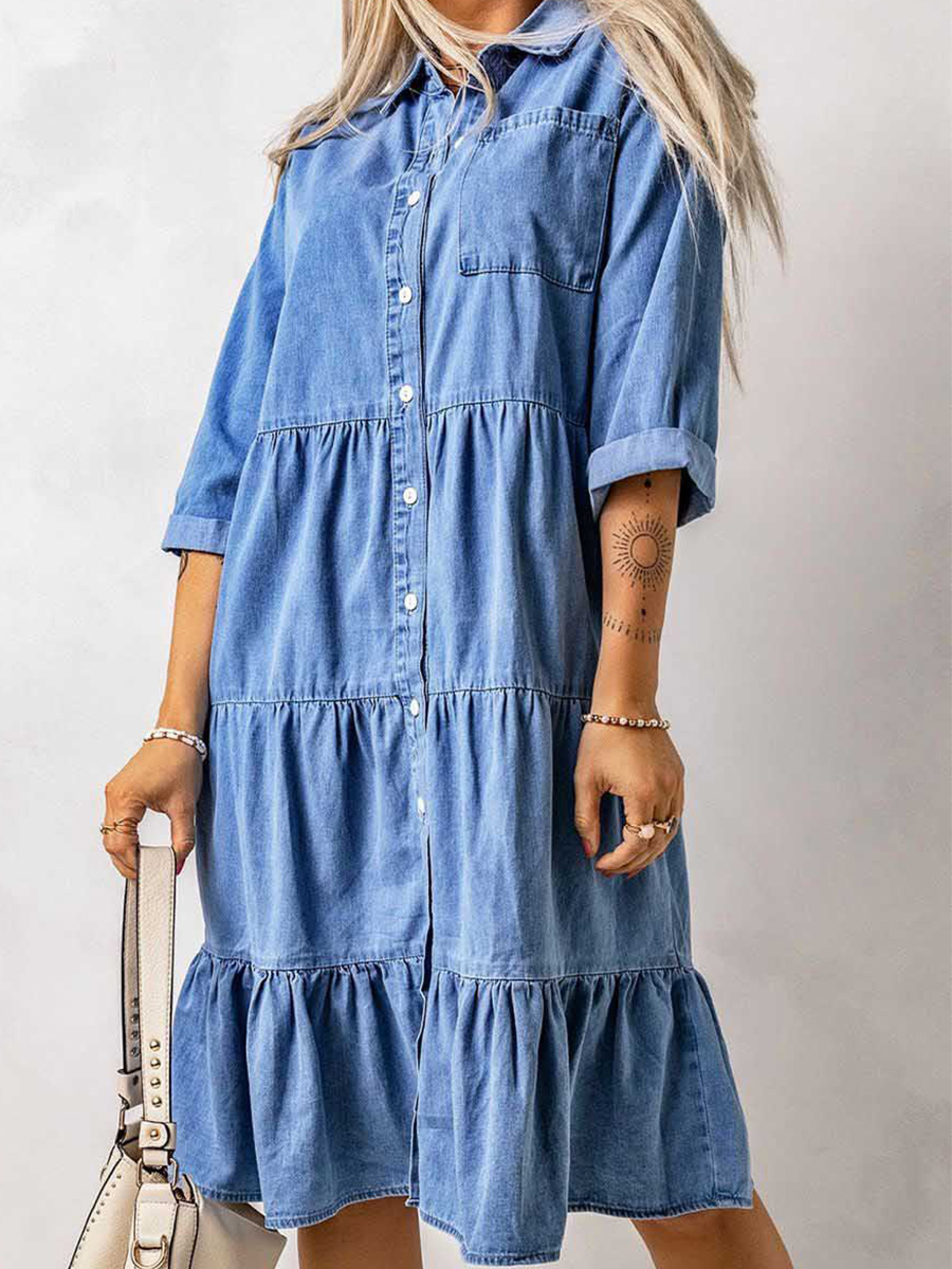Half Sleeves Shirt Collar Solid Buttoned Casual Loose Midi Dress