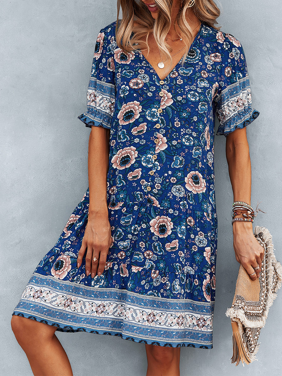 V Neck Short Sleeves Floral Printed Loose Short Dress