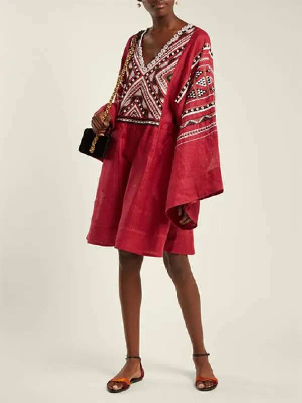 Ladies' Ethnic Style Digital Print Loose V-neck Dress - Machoup.com 