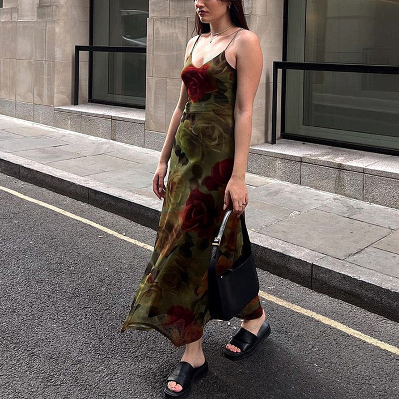 Women American Vintage Chiffon Patchwork V neck Suspender Long Dress