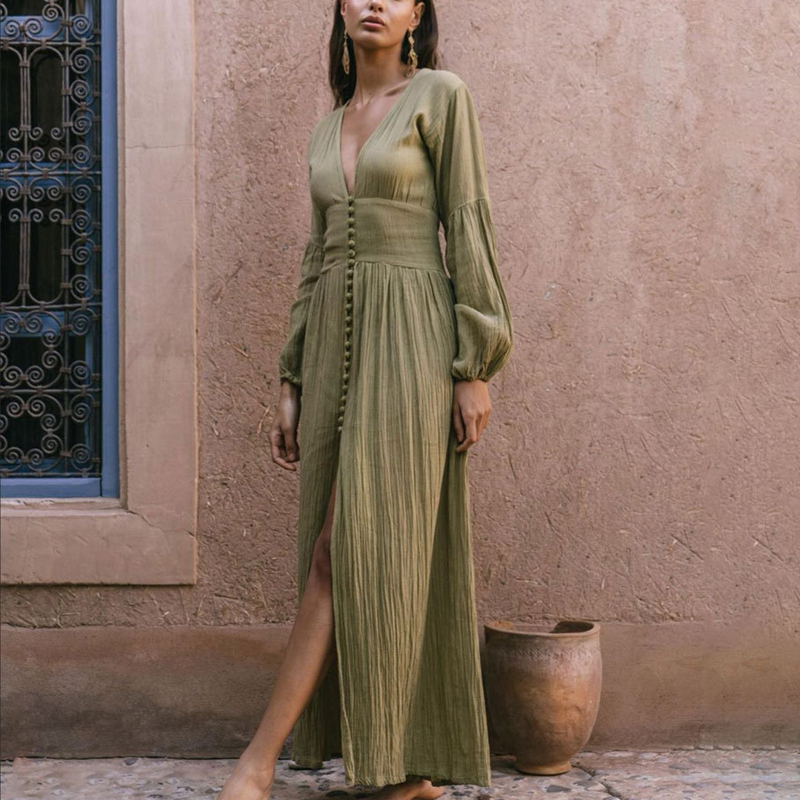 Women French Retro V neck Belted Waist Pleats Loose Long sleeved Maxi Dress